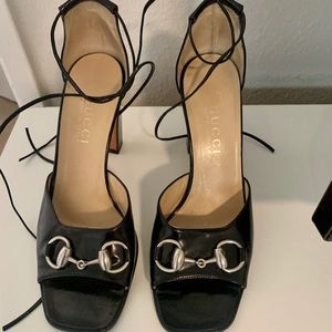 Gucci Black Leather Horsebit Heel Sandal